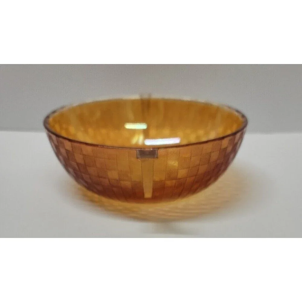 Iridescent checkered patterned depression glass bowl w 2 handles
